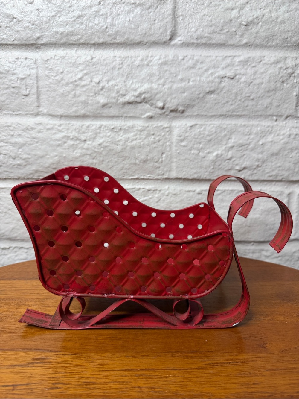 Christmas Holiday Red Metal Tin Santa Sleigh Candle Holder Doll Display